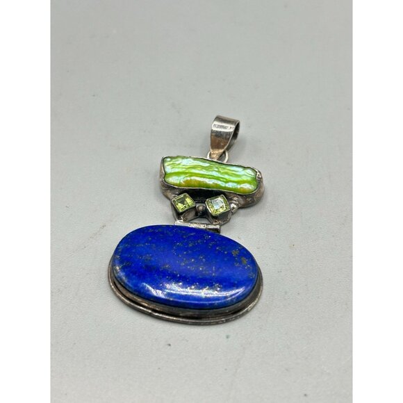 Lapis Lazuli & Green Dyed Pearl Sterling Silver Pendant 2" Charm Pendant - Picture 3 of 6